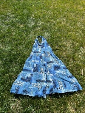 Brett Alixander vintage bohemian blue halter dress size 16 Hawaiian cottagecore
